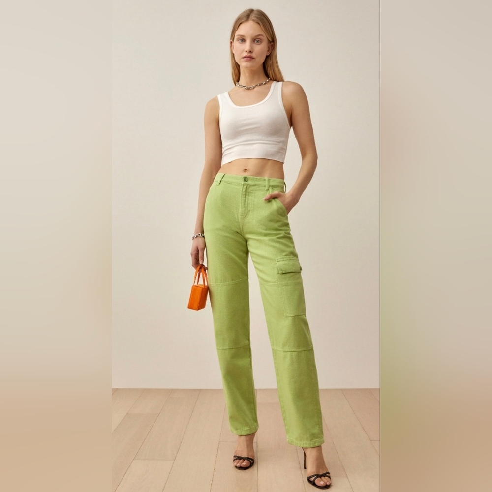 Reformation Bailey Organic Cotton High Rise Utility Cargo Pants Lime 29 Y2K